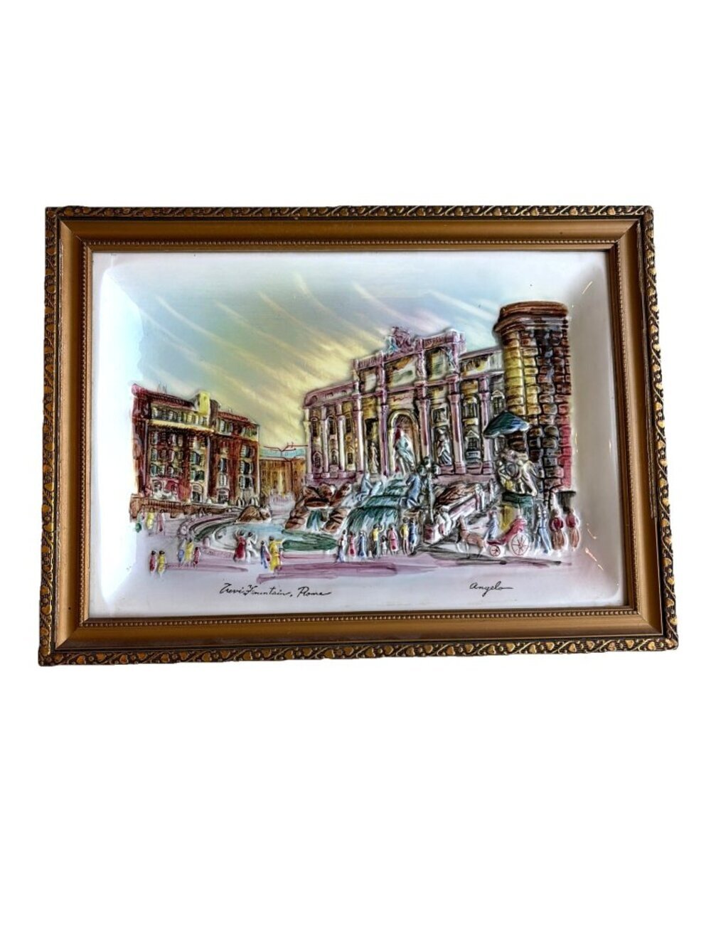 Angelo Signed Porcelain Wall Art Trevi Fountain Rome Italy 3D Vintage 1970s